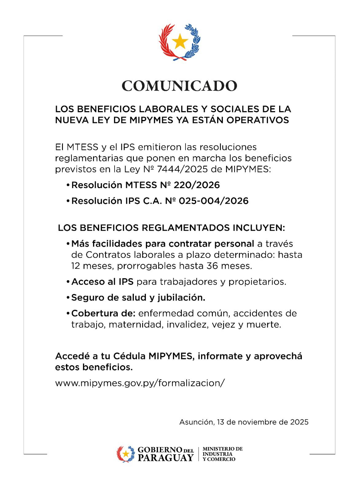 Comunicado MTESS IPS - Beneficios laborales y sociales de la nueva Ley MIPYMES