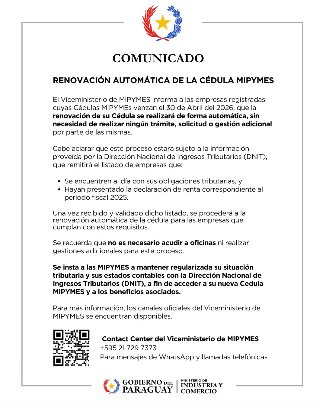 Comunicado MIC - Renovación Automática de la Cédula MIPYMES